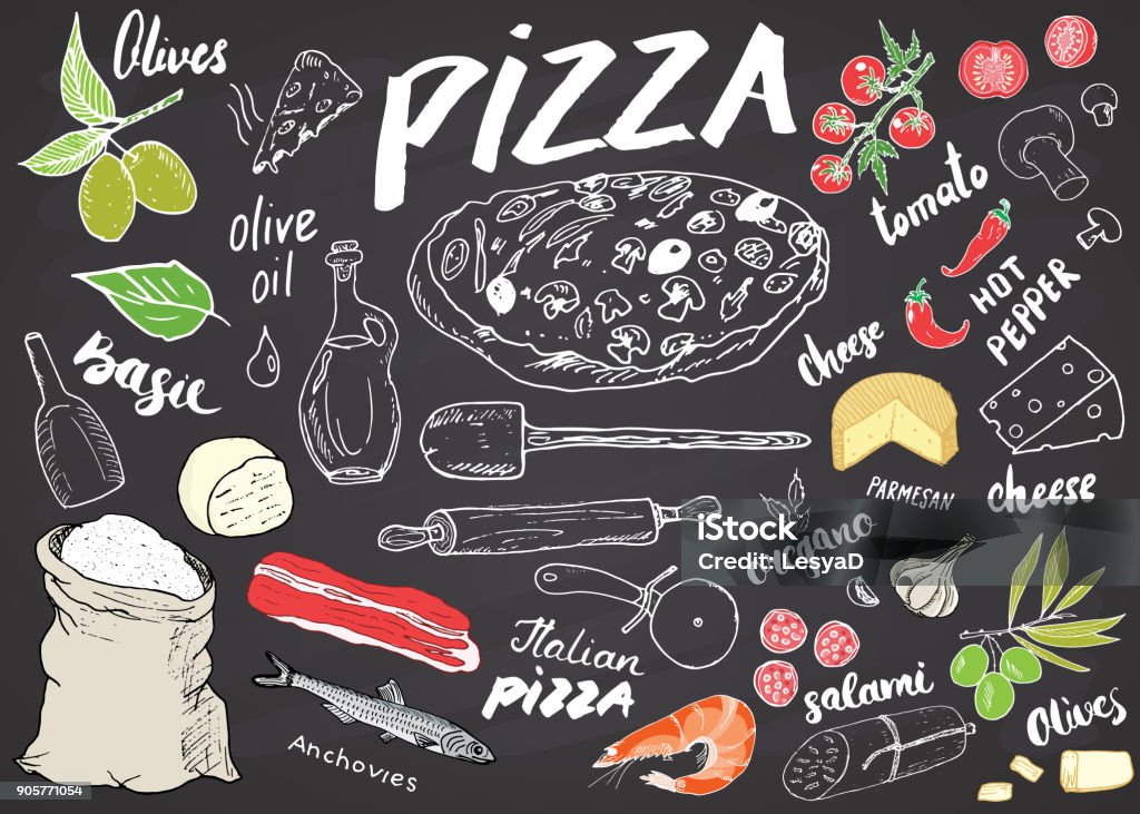 Pizza menu hand drawn sketch set. Pizza preparation design template with cheese, olives, salami, mushrooms, tomatoes, flour and other ingredients. vector illustration on chalkboard background Pizza menu hand drawn sketch set. Pizza preparation design template with cheese, olives, salami, mushrooms, tomatoes, flour and other ingredients. vector illustration on chalkboard background. Pizza stock vector