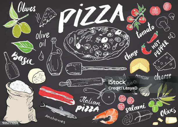 Pizza Menu Hand Drawn Sketch Set Pizza Preparation Design Template With Cheese Olives Salami Mushrooms Tomatoes Flour And Other Ingredients Vector Illustration On Chalkboard Background Stock Illustration - Download Image Now