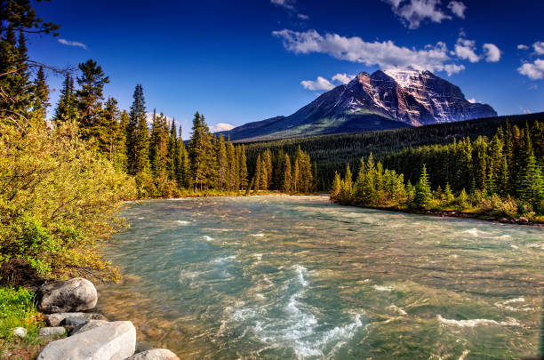 istock Rocky Mountains, blue sky and stormy river streams 905771412