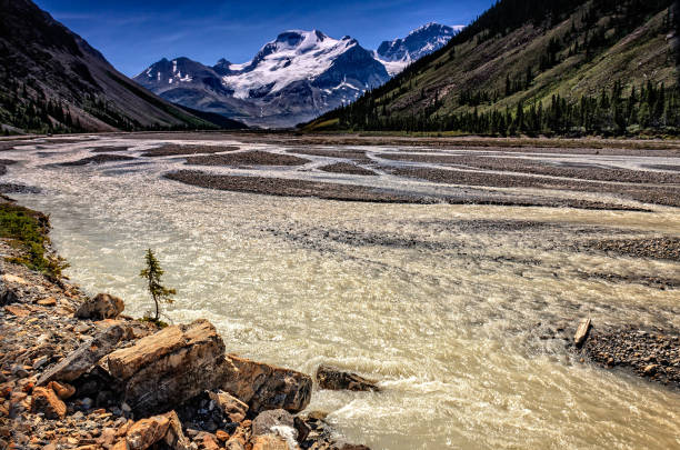 istock Rocky Mountains, blue sky and stormy river streams 905771514