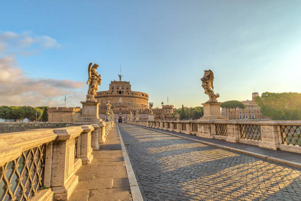 Rome sunrise city skyline at Castel Sant Angelo and Tiber River, Rome (Roma), Italy stock photo