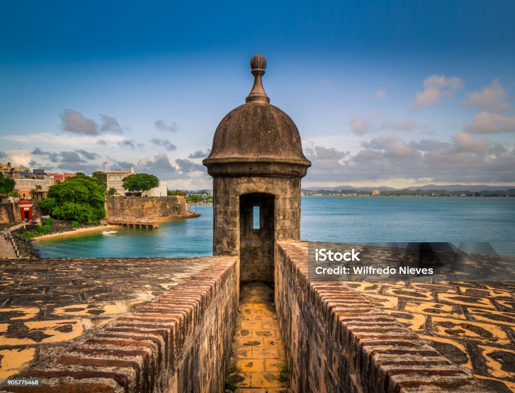 Old San Juan Lookout Tower This "Garita" is located in the historical city of Old San Juan in Puerto Rico's capital. Founded in 1509, this walled city is characterized by its blue cobblestone streets and colonial times structures. The "Garitas" were used as surveillance outposts by the Spanish guards against attacks either by sea or land. Puerto Rico Stock Photo