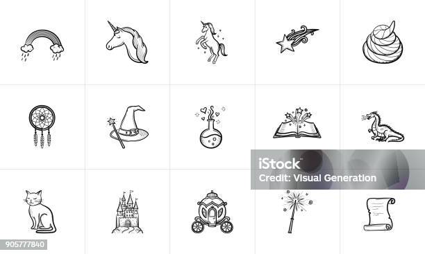 Magic And Fairytale Theme Sketch Icon Set Stock Illustration - Download Image Now - Sketch, Dragon, Drawing - Art Product