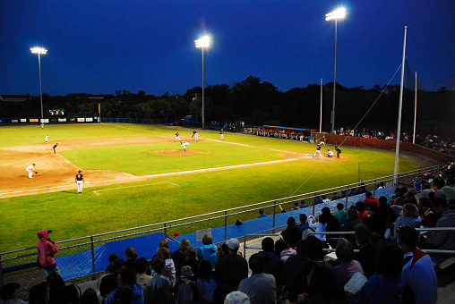 Hyannis, MA, USA July 10, 2009 McKeon Park in Hyannis, Massachusetts, hosts a game in the Cape Cod Baseball League.  The summer league showcases the best collegiate baseball players in the United States