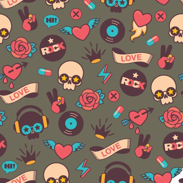 ретро бесшовные вектор рок шаблон с черепом и сердцем - pop art skull backgrounds pattern stock illustrations