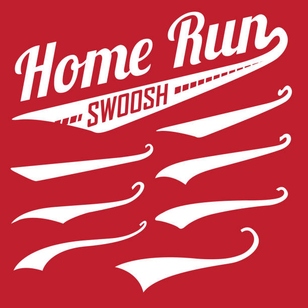 vektor swooshes, mitschwingen, whooshes und zierbuchstaben für typografie auf retro oder vintage baseball tail tee shirt - baseball spielball stock-grafiken, -clipart, -cartoons und -symbole
