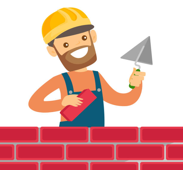 Caucasian White Bricklayer Building A Brick Wall Stock Illustration -  Download Image Now - Brick, Bricklayer, Mason - Craftsperson - iStock