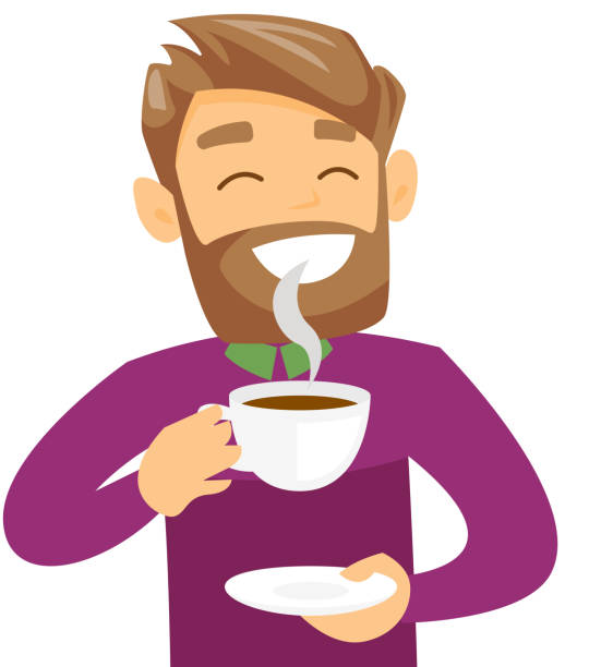 ilustrações, clipart, desenhos animados e ícones de jovem homem branco caucasiano desfrutando de café - drinking tea cup drink