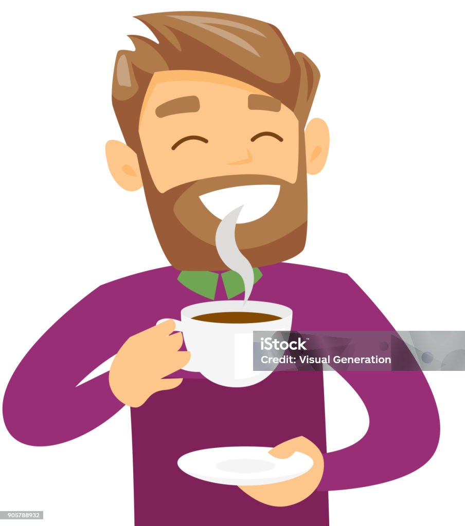 Young caucasian white man enjoying cup of coffee Pleased caucasian white man with closed eyes drinking hot flavored coffee. Young hipster man with beard holding a cup of coffee with steam. Vector cartoon illustration isolated on white background. Coffee - Drink stock vector