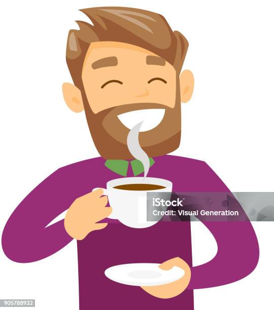 Young Caucasian White Man Enjoying Cup Of Coffee Stock Illustration - Download Image Now - Coffee - Drink, Drinking, Men