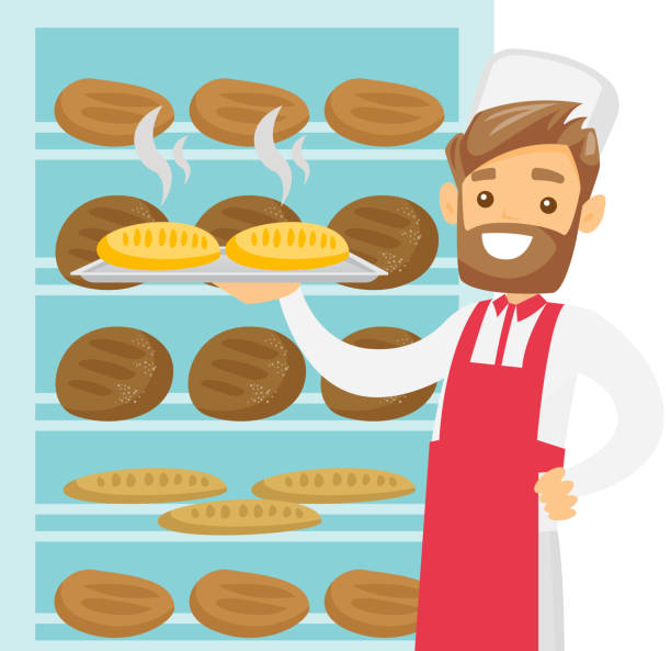 ilustrações de stock, clip art, desenhos animados e ícones de caucasian white baker holding tray with bread - supermarket worker