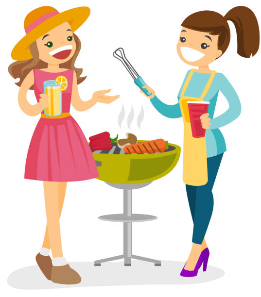 Caucasian friends having fun at barbecue party Two young happy caucasian white women cooking vegetables on the barbecue grill and drinking alcohol at vegetarian outdoor barbecue party. Vector cartoon illustration isolated on white background. man grilling white background stock illustrations