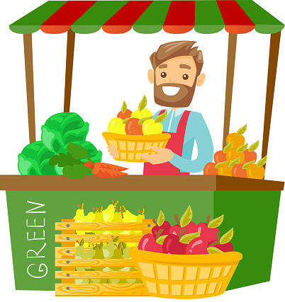Caucasian Street Seller With Fruits And Vegetables Stock Illustration -  Download Image Now - Greengrocer's Shop, Market Vendor, Cartoon - iStock