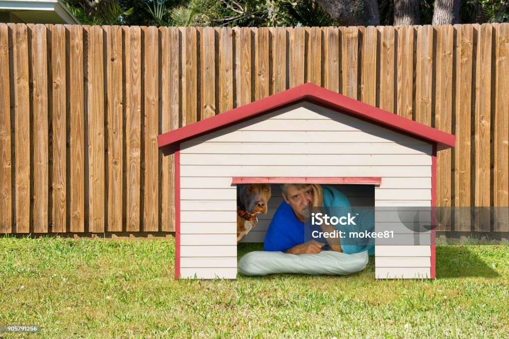 Husband or boyfriend man sleeping in the doghouse because of domestic problems Husband or boyfriend man sleeping in the doghouse because of domestic problems with his wife or girlfriend like fighting, cheating infidelity, too much partying with the boys, won’t help with chores. In The Dog House Stock Photo