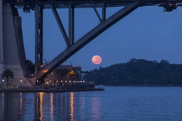 The full supermoon is setting framed by the southern pier of Sydney Harbour Bridge.