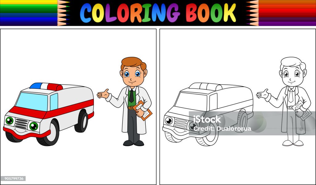 Coloring book with young doctor and ambulance car Vector illustration of Coloring book with young doctor and ambulance car Accidents and Disasters stock vector