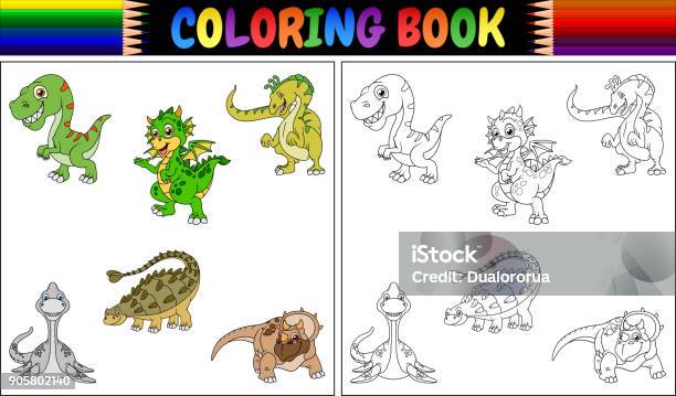 Coloring Book With Dinosaur Cartoon Collection Stock Illustration - Download Image Now - Ancient, Animal, Animal Wildlife