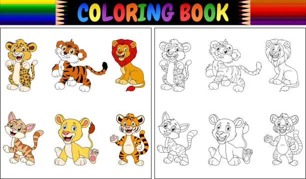 Vector illustration of Coloring book with wild cats collection