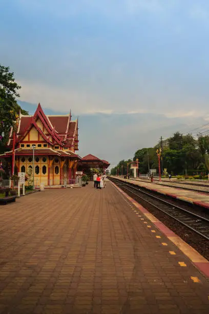 Photo of Prachuap Khiri Khan, Thailand - March 16, 2017: Colorful royal pavilion at Hua Hin Railway Station that has been considered to be the most beautiful station and became very popular tourist attraction.