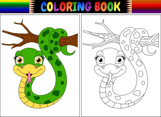 Vector illustration of Coloring book with cute snake on tree branch