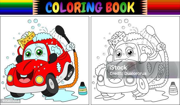 Coloring Book With Red Cartoon Car Washing Stock Illustration - Download Image Now - Car, Coloring, Art