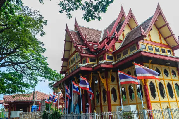 Photo of Prachuap Khiri Khan, Thailand - March 16, 2017: Colorful royal pavilion at Hua Hin Railway Station that has been considered to be the most beautiful station and became very popular tourist attraction.