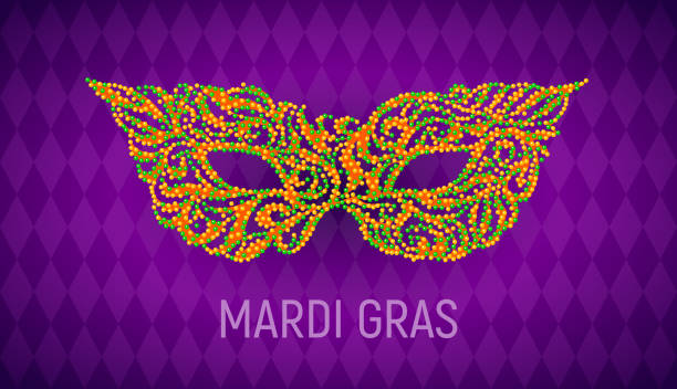 Mardi Gras carnival mask on purple background Mardi Gras carnival mask on purple background. Eps8. RGB. Global colors purple and gold masquerade masks stock illustrations
