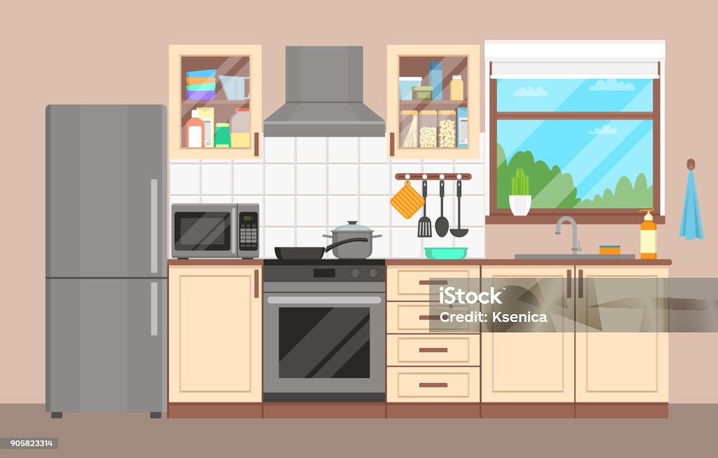 The kitchen interior. Furniture, appliances, dishes and cookware. Flat design. Vector illustration. Kitchen stock vector