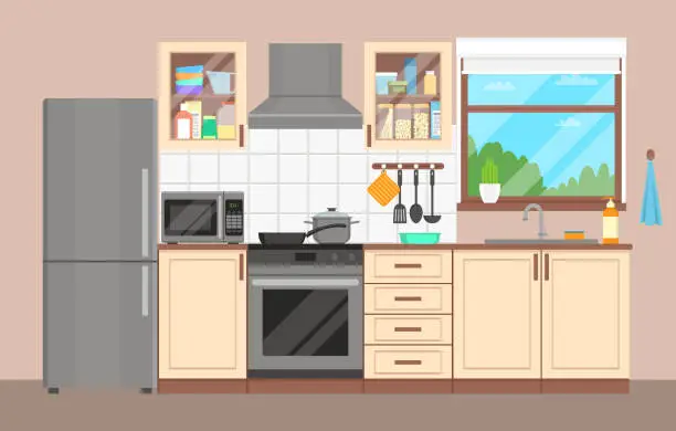 Vector illustration of The kitchen interior. Furniture, appliances, dishes and cookware. Flat design.