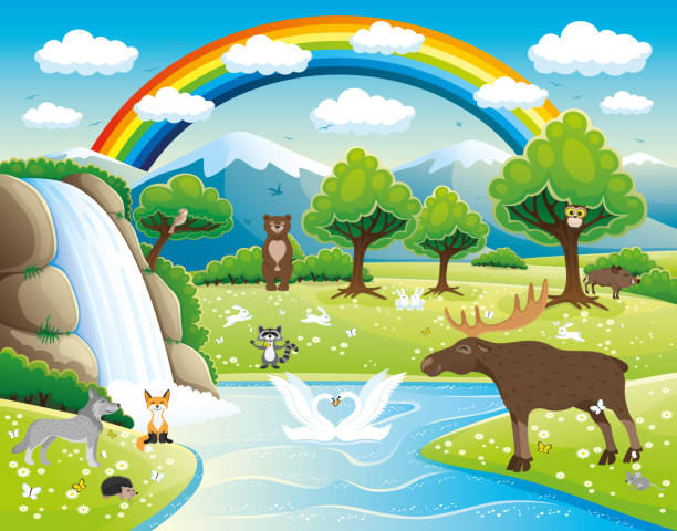 Waterfall And Cute Animals Stock Illustration - Download Image Now - Bear,  Fox, Bird - iStock