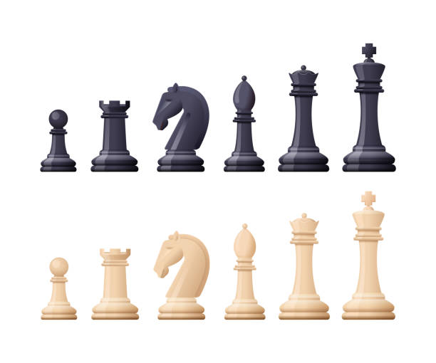 Black, white chess game pieces, figures. Logical tactical turn-based game Black and white chess game pieces, figures. Logical tactical turn-based game, chess tournament, sport game, hobby and interests, highly intellectual occupation. Vector illustration isolated. three dimensional chess stock illustrations