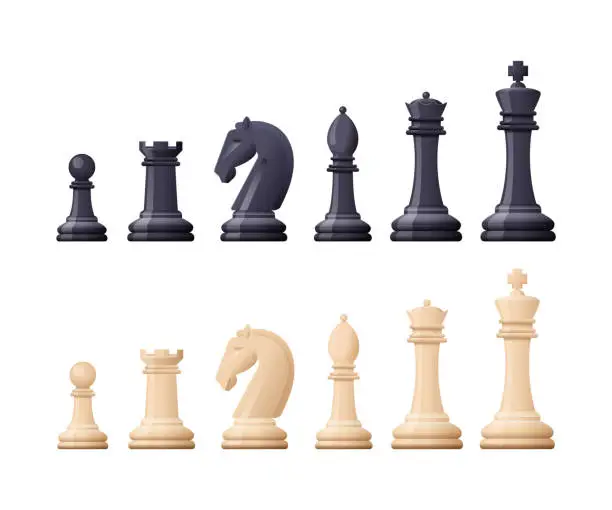 Vector illustration of Black, white chess game pieces, figures. Logical tactical turn-based game