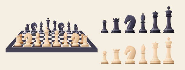 ilustrações de stock, clip art, desenhos animados e ícones de black and white chess game pieces, figures on chess board - chess king chess chess piece black