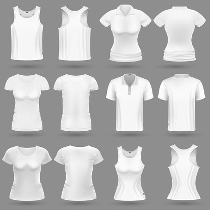 White blank 3d t-shirt vector templates for man and woman fashion design. Woman shirt and wear for sport illustration