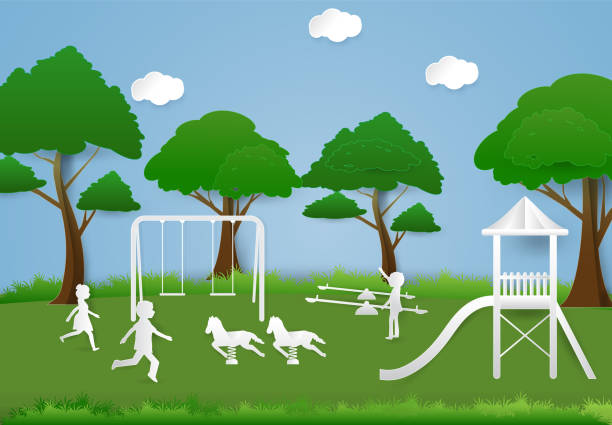 istock Children having fun playing at playground, Paper art background  paper cut illustration 905836336