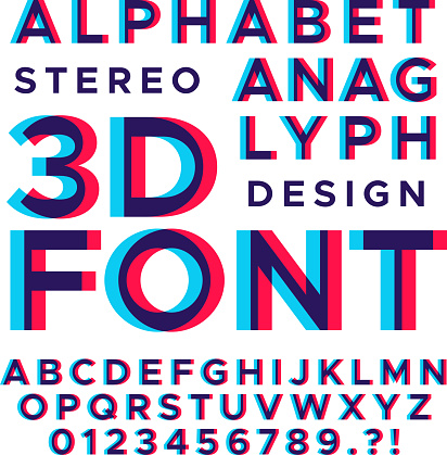 Stereoscopic stereo 3d vector letters and numbers. Colorful glitch alphabet. Typography abc with effect stereoscopic illustration