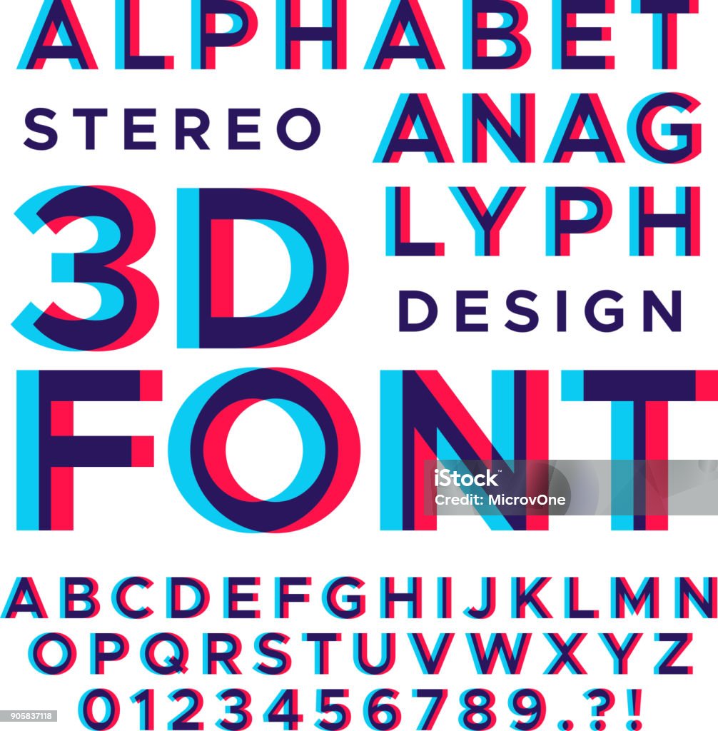 Stereoscopic stereo 3d vector letters and numbers. Colorful glitch alphabet Stereoscopic stereo 3d vector letters and numbers. Colorful glitch alphabet. Typography abc with effect stereoscopic illustration Stereoscopic Image stock vector