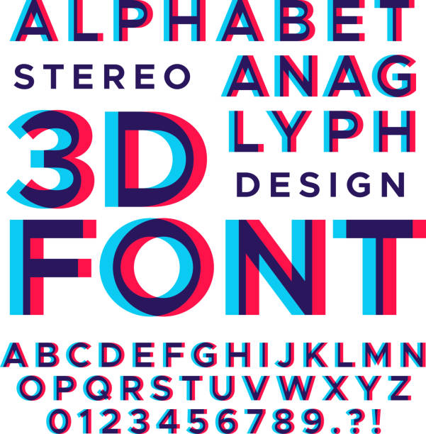 Stereoscopic stereo 3d vector letters and numbers. Colorful glitch alphabet Stereoscopic stereo 3d vector letters and numbers. Colorful glitch alphabet. Typography abc with effect stereoscopic illustration distorted font stock illustrations