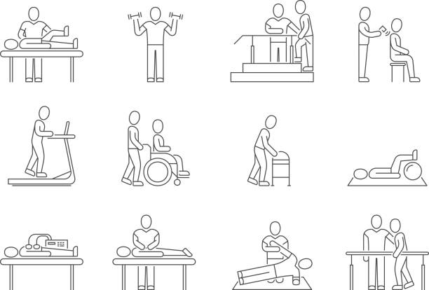 ilustraciones, imágenes clip art, dibujos animados e iconos de stock de fisioterapia y rehabilitación, los ejercicios y los médicos iconos línea de vector de terapia de masaje - physical therapy