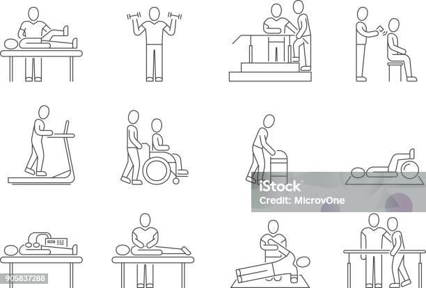 Physiotherapy And Rehabilitation Exercises And Massage Therapy Vector Line Medical Icons Stock Illustration - Download Image Now