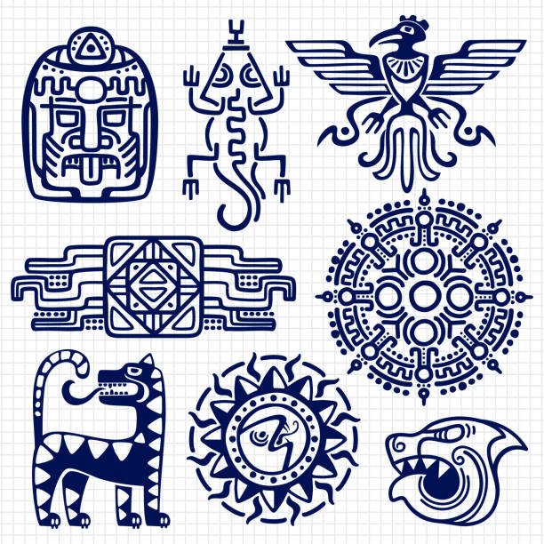ilustraciones, imágenes clip art, dibujos animados e iconos de stock de azteca américa bolígrafo, tótems indígenas mayas en el fondo del cuaderno - dibujos de aztecas