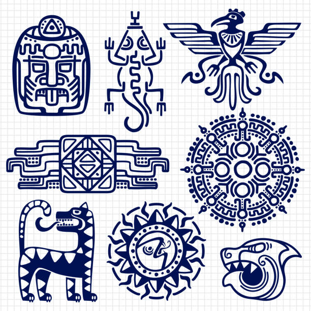 Ballpoint pen american aztec, mayan culture native totems on notebook background Ballpoint pen american aztec, mayan culture native totems on notebook background. American indian and mexican mascot. Vector illustration tribal tattoo vector stock illustrations