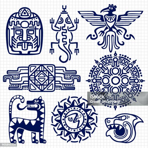 Ballpoint Pen American Aztec Mayan Culture Native Totems On Notebook Background Stock Illustration - Download Image Now