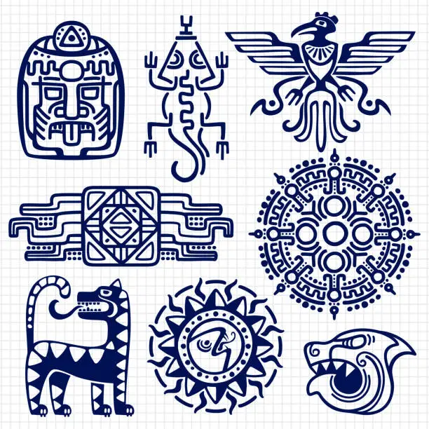 Vector illustration of Ballpoint pen american aztec, mayan culture native totems on notebook background