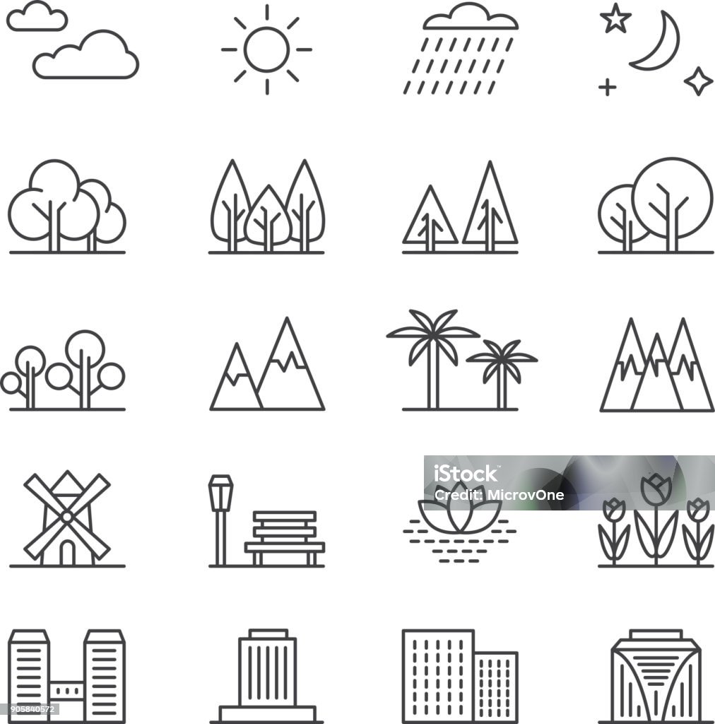 Nature landscape line vector elements and houses. Outline trees and mountains icons Nature landscape line vector elements and houses. Outline trees and mountains icons. City building and green tree outline illustration Icon Symbol stock vector