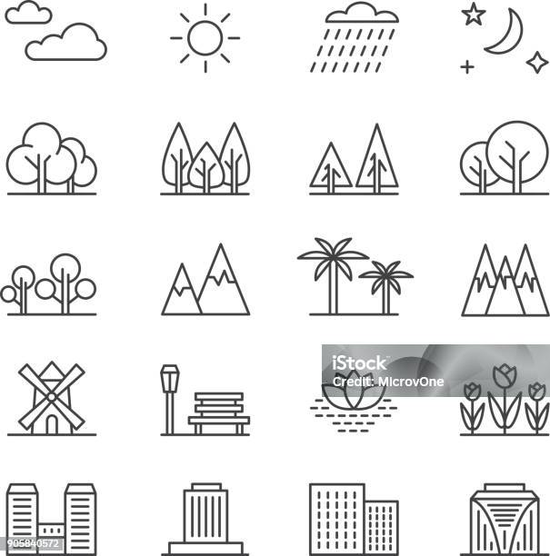 Nature Landscape Line Vector Elements And Houses Outline Trees And Mountains Icons Stock Illustration - Download Image Now