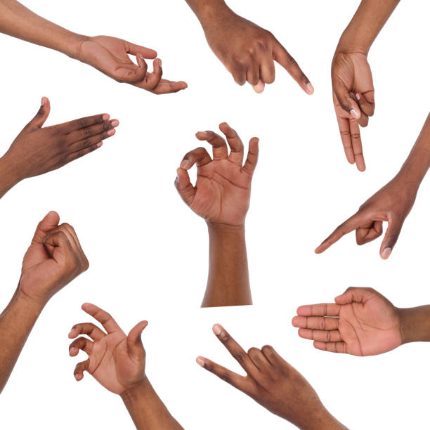 Set of various hand gestures isolated on white Black mans hands gestures and signs collection isolated on white background. Collage of multiple shots human finger human hand pointing isolated stock pictures, royalty-free photos & images