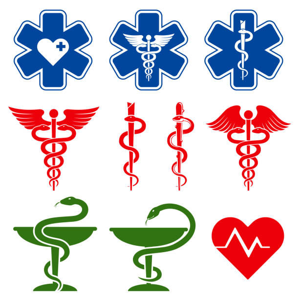 illustrazioni stock, clip art, cartoni animati e icone di tendenza di simboli vettoriali internazionali di medicina, farmacia e assistenza di emergenza - salute immagine
