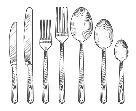 Sketch silver knife, fork and spoon. Hand drawn cutlery vector set. Cutlery silver knife and fork, sketch dinner silverware illustration