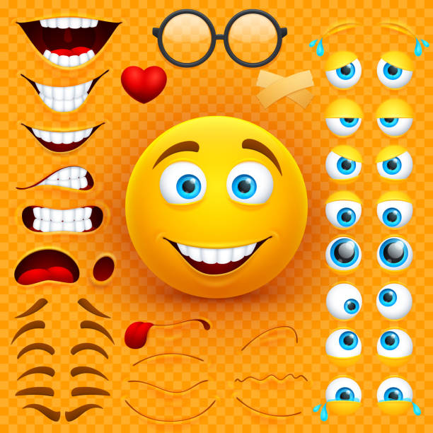 Cartoon yellow 3d smiley face vector character creation constructor. Emoji with emotions, eyes and mouthes set Cartoon yellow 3d smiley face vector character creation constructor. Emoji with emotions, eyes and mouthes set. Illustration of emoticon face smiley, creation smile mood emoji original stock illustrations